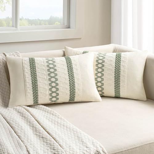 Set of 2 Sage Green Boho Decorative Lumbar Pillow Covers 12x20 Inch (2 Count)