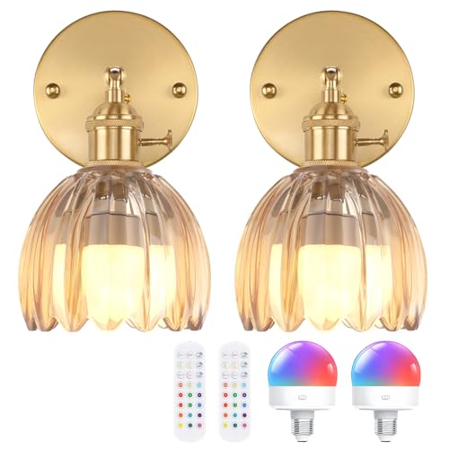 Vintage Battery Operated Wall Sconce with Amber Tulip Glass Lampshade Rechargeable Battery Powered Wall Light with Remote Control for Bedside Bedroom Doorway (2 Count)