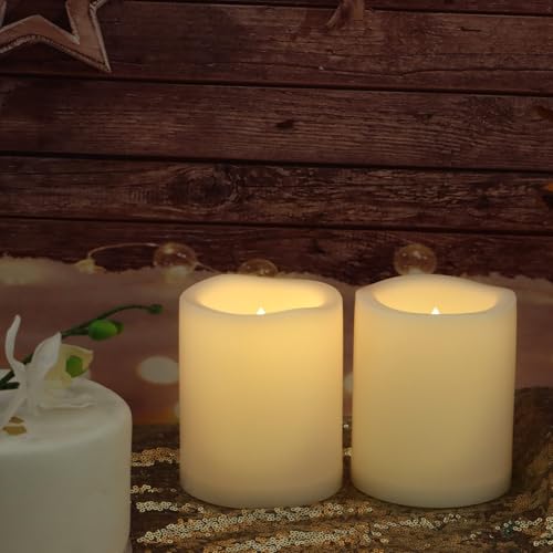 Waterproof Outdoor Battery Operated Flameless Candles with Auto Timer Flickering Plastic Resin Electric LED Pillar Lights for Lantern Patio Garden Wedding Party Decorations 3x3 Inches 6 Pack White (6 Count)