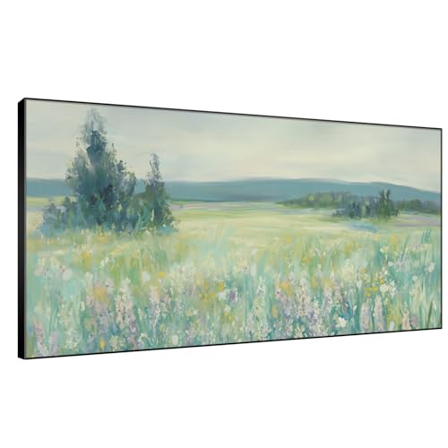 36"x72" Extra Large Framed Wall Art Wildflower Meadow Landscape Soft Pastel Nature Illustration for Home Living Room Bedroom Decor