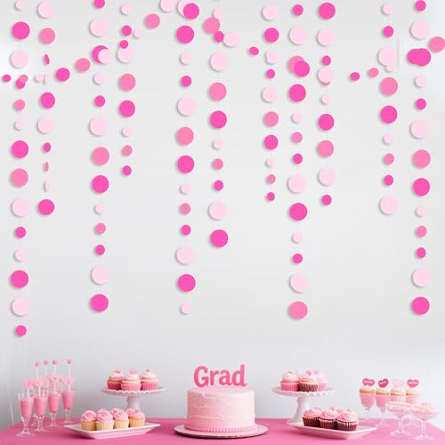 Hot Pink Party Decorations Circle Dots Garland Rose Pink White Hanging Paper Polka Dots Streamer for Birthday Bachelorette Engagement Wedding Bridal Shower Anniversary Party Supplies
