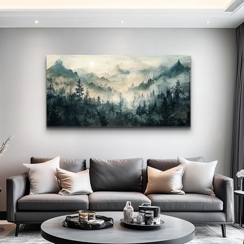Mountain View Canvas Wall Painting For Living Room Natural Landscape Painting Misty Forest Wall Decoration For Bedroom Home Decoration Modern Printed Artwork Can Be Hung Directly 20x40 In