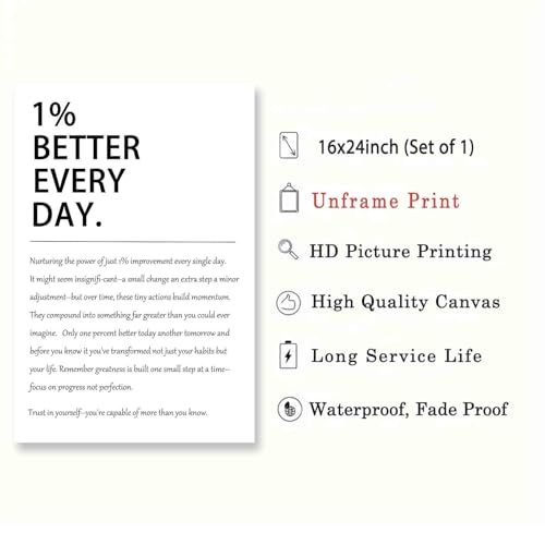 1% Better Every Day Art Inspirational Pictures Motivational Print Quote Poster Growth Mindset Posters Self Improvement Poster Positive Sayings Office Living Room Decor 16x24inch No Frame