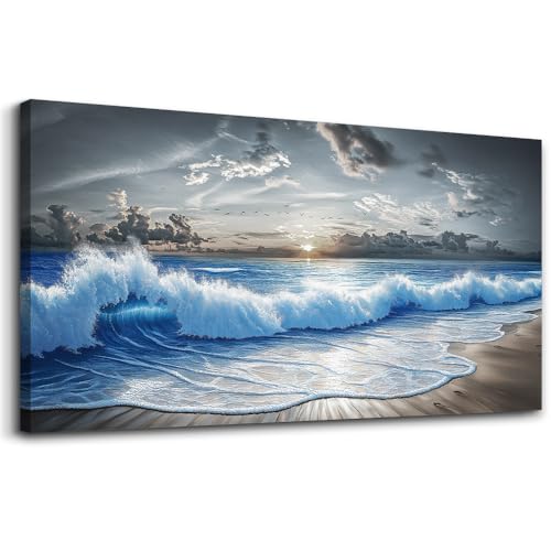 Large Canvas Wall Decor For Living Room Wall Art For Bedroom Office Dining room Decor Modern Black White And Blue Ocean Wave Painting Printed Artworks Wall Pictures Home Decor 24"X48"