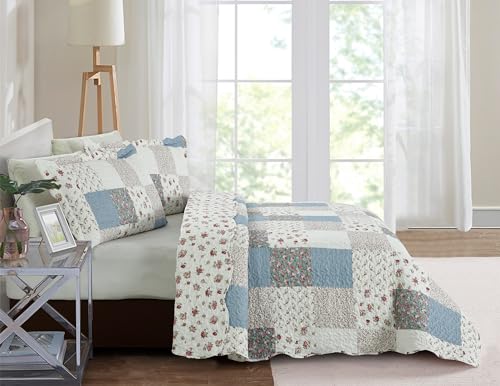 Pink Roses & Blue Checks Patchwork Quilt Set