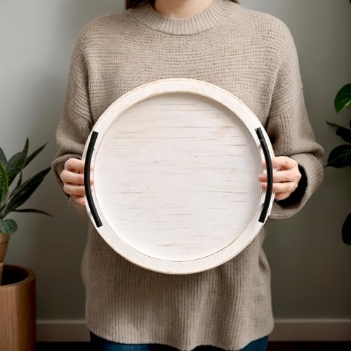 White Wooden Beaded Serving Tray with Handle Decorative Rustic Whitewashed Tray for Coffee Table Farmhouse Round Tray for Kitchen