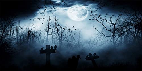 20x10ft Spooky Halloween Graveyard Backdrop Foggy Full Moon Horror Scene