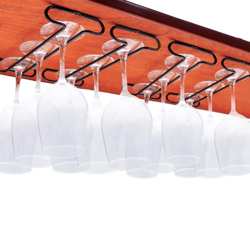 Wine Glass Rack Under Cabinet Shelf Glasses Holder Storage with Drying Stemware Rack Under Counter Metal Hanger Hanging Rack for Kitchen Black (4 Count)