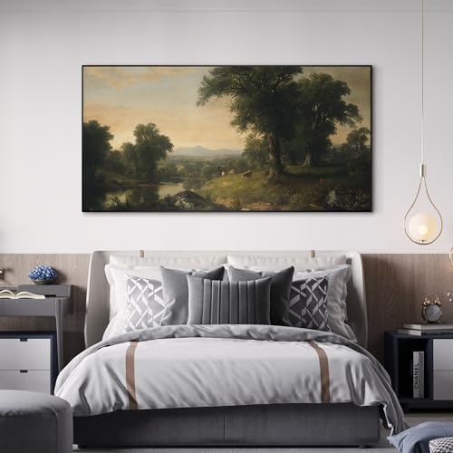 24"x46" Extra Large Framed Wall Art Classic River Valley Landscape Vintage Style Countryside with Trees and Cows Illustration for Home Living Room Bedroom Decor