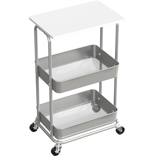 2 Tier Rolling Utility Cart Wood Top