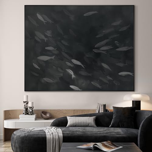 46"x60" Extra Large Framed Wall Art Monochrome Fish Silhouettes Illustration for Home Living Room Bedroom Decor