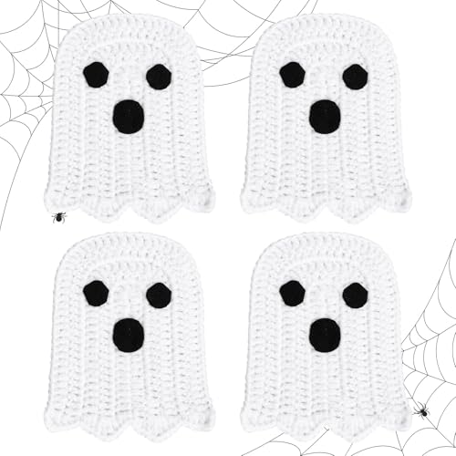 4Pcs Halloween Ghost Coasters Handmade Crochet Drink Coasters Woven Fabric Cup Mat for Home Kitchen Party Table Decor (4 Count)