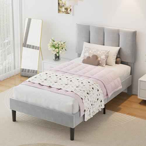 Twin Size Bed Frame with Upholstered Headboard