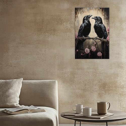Crow Canvas Wall Art Black Raven Picture Print Pink Rose Poster Vintage Gothic Painting Artwork for Living Room Halloween Decor
