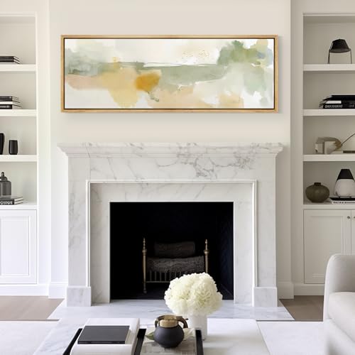 Large Framed Canvas Print Wall Art Serene Watercolor Landscape in Green and Yellow Tones Antique Retro Fine Art Illustrations Decorative Colorful for Bedroom