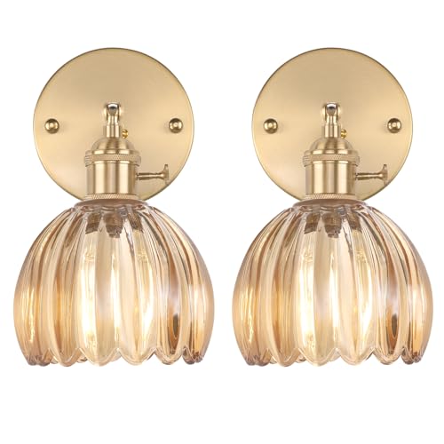 Vintage Wall Sconces Set of 2 with Amber Tulip Glass Lampshade 180 Degree Adjustable Brass Sconces Hradwired Modern Wall Lighting Fixture with Switch for Bedside Bedroom Doorway (2 Count)