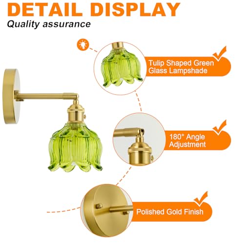 Vintage Wired Wall Sconce Set of 2 Hardwired Wall Light with Green Tulip Glass Shade (2 Count)