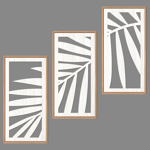Tropical Palm Tree Leaf Wood Wall Art White Framed 8x16 Inch Set of 3 Hawaii Plant Leaves Wooden Wall Decor Minimalist Boho Artwork for Living room Bedroom Office