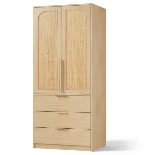 70" Wardrobe Armoire Wooden Closet with 3 Drawers