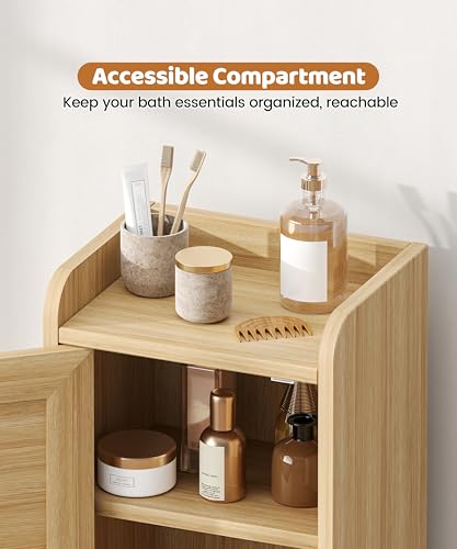 9.8''W Rattan Small Bathroom Storage Cabinet 2 Doors Oak