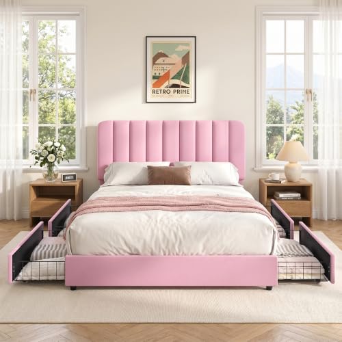 Full Size Upholstered Bed Frame with 4 Drawers and Headboard