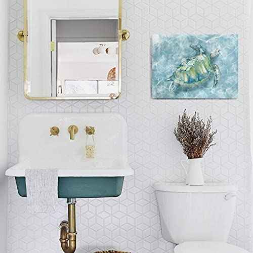 Bathroom Wall Decor Sea Turtle HD Pictures Print on Canvas Wall Art for Bedroom Kitchen Blue Coastal Room Decorations Art Work Green Turtle on Blue 12x16 inches