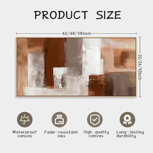Large Abstract Wall Art 24x48 Inch Brown White Gray Framed Canvas Print Painting Modern Neutral Tone Artwork for Living Room Sofa Bedroom Waterproof & Fade Resistant Wood Frame Decor Ready to Hang