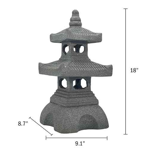2 Tier Pagoda Garden Statue LED Solar Powered Light 18" Tall Outdoor Zen Garden Lantern Landscape Lawn Asian Pagoda Stupa Decor Grey Resin