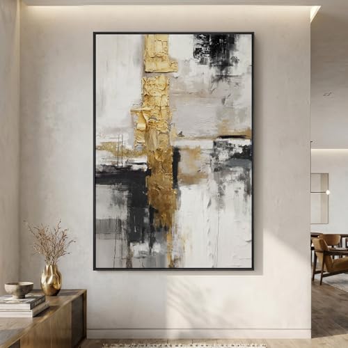 Extra Large Framed Black White Gold Abstract Wall Art