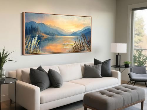 Landscape Painting Sunset Mountain Lake Canvas Wall Art Textured Wood Framed Large 48"x24"
