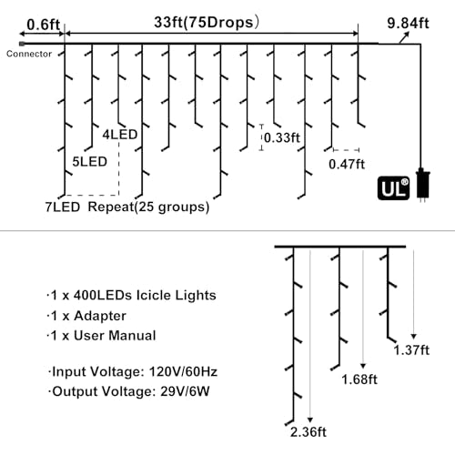 Blue Christmas Lights Outdoor Icicle Lights for Outside 33ft 400 LED Lights