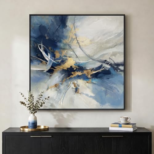 Framed Modern Blue White Abstract Wall Art Decor for Living Room