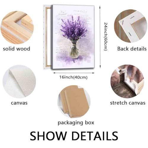 Lavender Wall Art Purple Flower Pictures Flowers In Vase Canvas Wall Art Country Floral Watercolor Flower Prints Rustic Floral Painting Plant Pictures Botanical Flower Prints Decor 16x24inch Framed