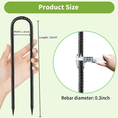 Rebar-Stakes-12-Inch, Ground Stakes Heavy Duty U-Hook Black Coated Anti-Rust Heavy Duty Ground Anchors for Garden Dog Fence Chicken Coop Christmas Decorations Deer Fence 4pcs (4 Count)