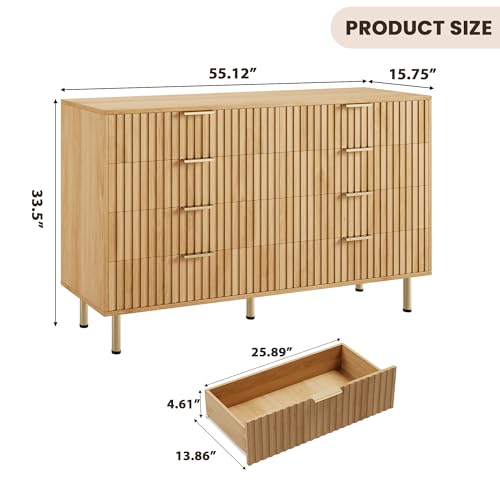 55" Fluted Natural 8 Drawer Dresser for Bedroom with Deep Drawer