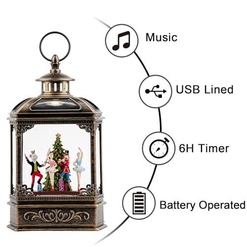 Christmas Snow Globe Lantern Water Glittering Nutcracker Ballet Stage with Music & Timer