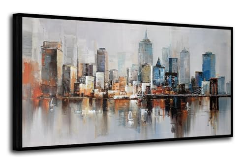 Brooklyn Bridge Wall Art Modern New York Abstract Canvas Cityscape Painting Colorful NYC Skyline Textured Picture for Living Room Bedroom Home Office Wall Decor