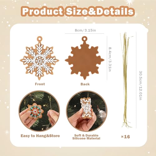 12Pcs Christmas Gingerbread Snowflake Ornaments for Tree Rustic Brown Silicone Christmas Ginger Bread Hanging Ornaments Pendants for Xmas Tree Winter Crafts Holiday Home Party Decor Indoor (12 Count)