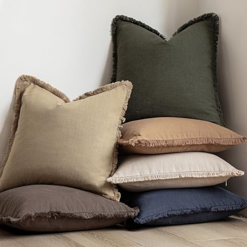 Decorative Linen Fringe Throw Pillow Covers 24×24 Light Khaki (2 Count)
