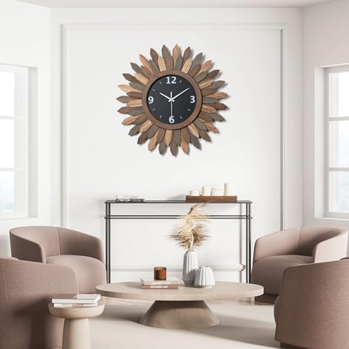 Large Wall Clock Battery Operated 21 in Rustic Wood Boho Sunburst Decorative Wall Clock Silent Non Ticking Farmhouse Wall Clocks for Living Room Bedroom Kitchen Bathroom Decor