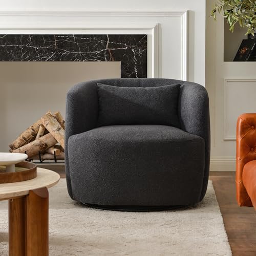 34" W Boucle Swivel Barrel Chair with Toss Pillow