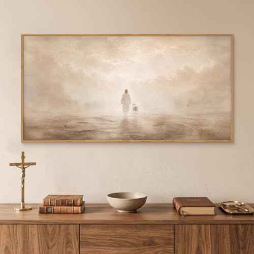 Christian Jesus and Lost Lamb Framed Canvas Wall Art