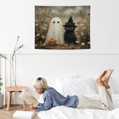 WHCHJ Halloween Ghost and Black Cat Tapestry