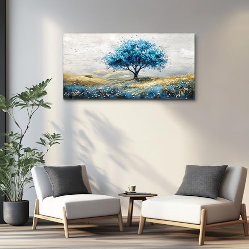Large Canvas Wall Art For Living Room Wall Decoration For Bedroom Blue Tree Landscape Painting Office Farmhouse Printing Wall Pictures Artwork Restaurant Home Decor Ready To Hang 20x40 In