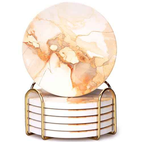 6 Pcs Gold Marble Abstract Ceramic Coasters with Holder for Coffee Table (6 Count)