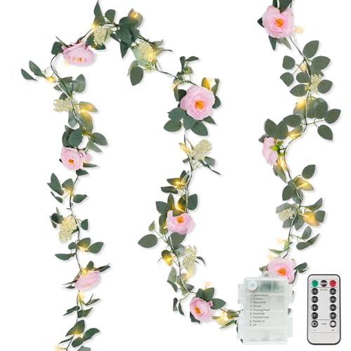 60LED Garland with Pink Camellia Lights Battery Operated Clear Wire