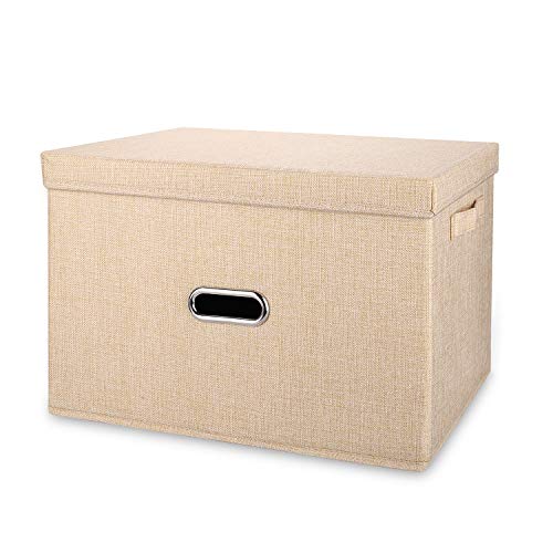Large Linen Fabric Foldable Storage Bins with Removable Lid and Handles