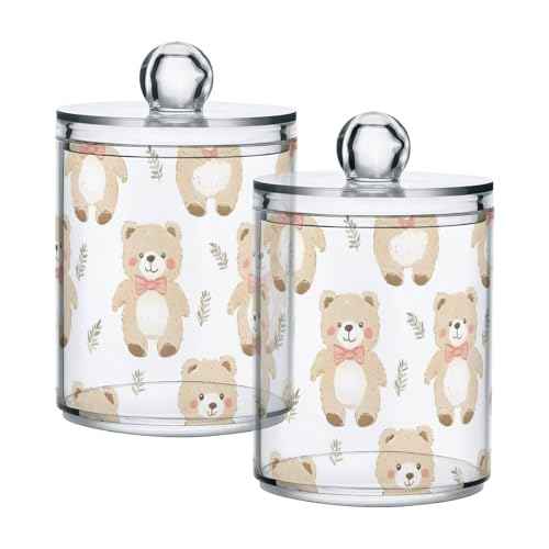 2 Pack Qtip Holder Organizer Dispenser Bears Bathroom Storage Canister Cotton Ball Holder Container for Cotton Pads (2 Count)