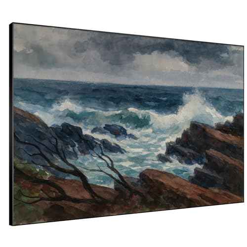 46"x60" Extra Large Framed Wall Art Rocky Seashore with Crashing Waves and Moody Sky for Home Living Room Bedroom Decor