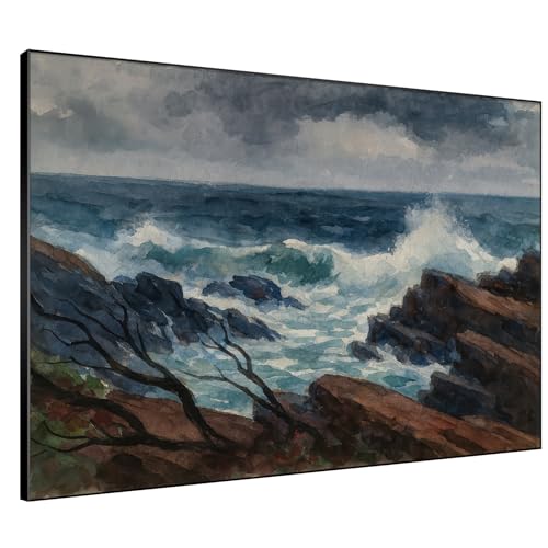 60"x72" Extra Large Framed Wall Art Rocky Seashore with Crashing Waves and Moody Sky for Home Living Room Bedroom Decor
